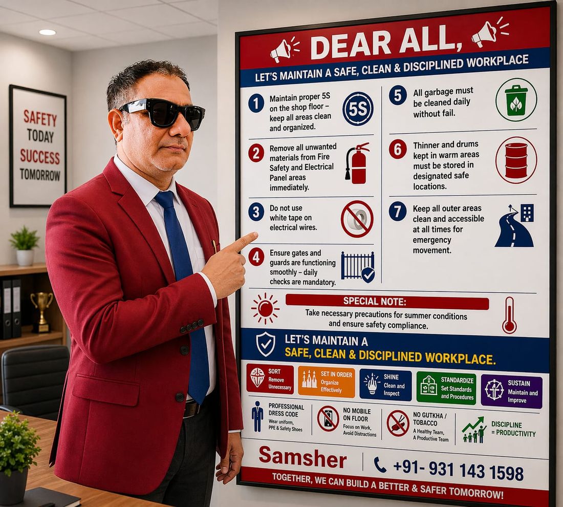 Thakur Samsher Singh explaining a safe, clean and disciplined workplace standard board